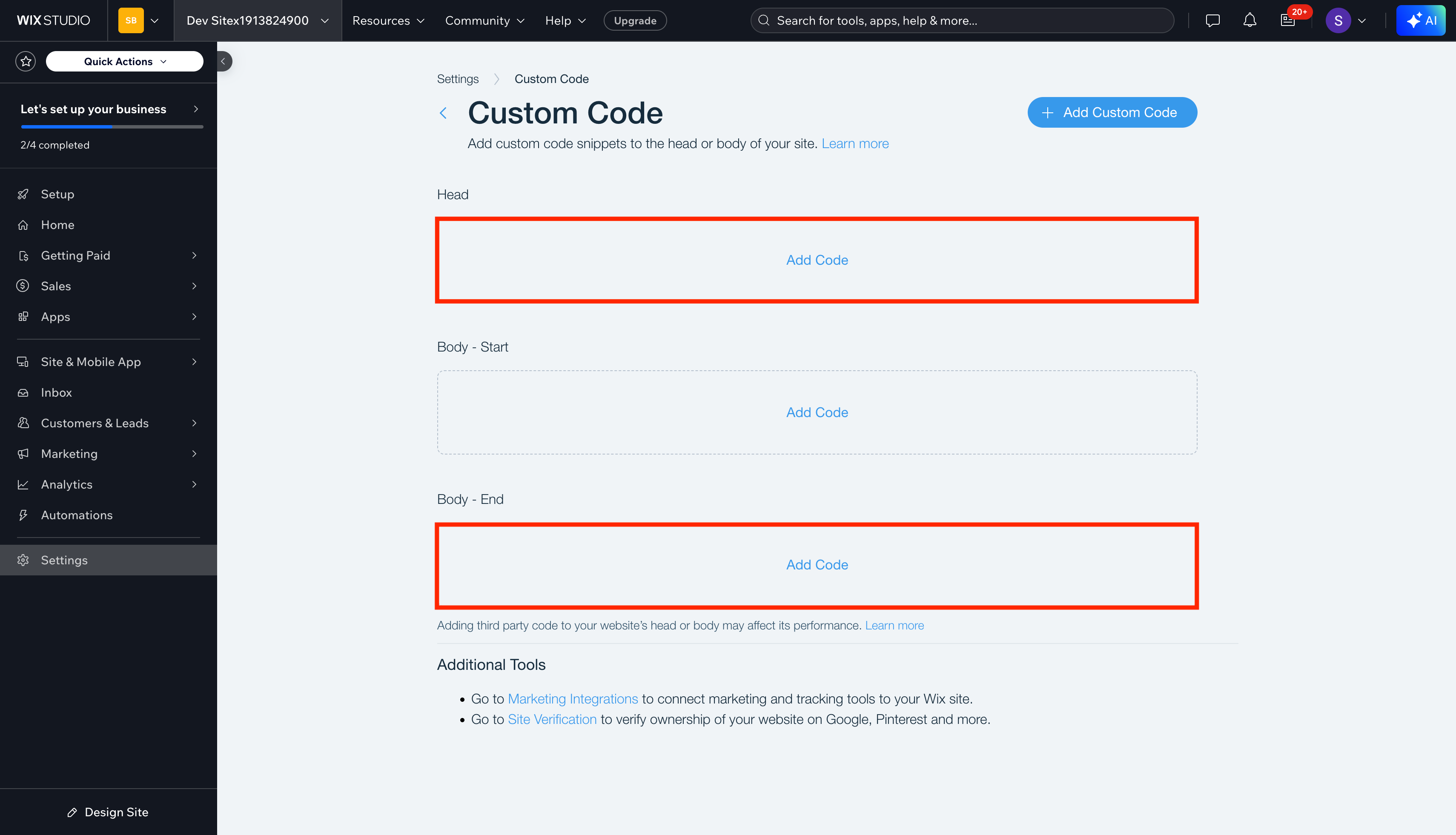 Wix custom code modal highlighting both head and body-end